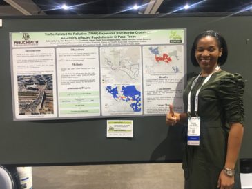 Photo of Inyang Uwak and her poster on Traffic Related Air Pollution (TRAP) Exposures from Border Crossings: Assessing Affected Populations in El Paso, Texas