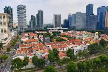 Photo showing Nature climbs the red trellises of the Supertrees located in Singapore's Gardens by the Bay and crowns the SkyPark that bridges the towers of the Marina Bay Sands Hotel.