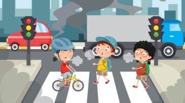 Image: cartoon drawing of kids coughing exhaust fumes from traffic