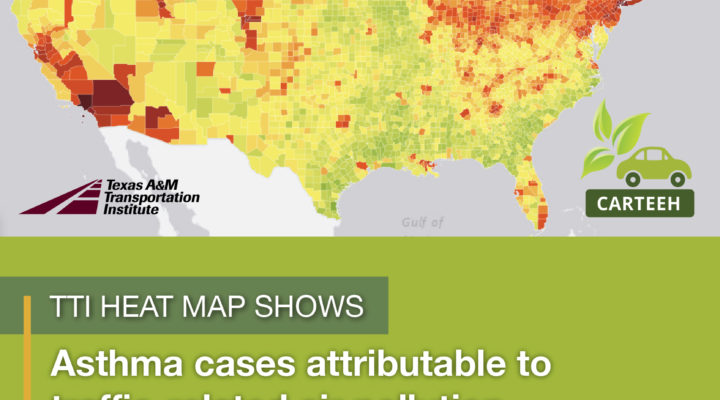 Image of heat map showing cases of asthma attributable to vehicle emissions.